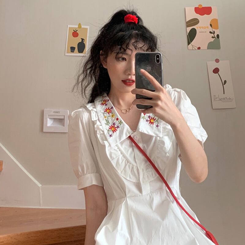 ドレス サマー薄手ウェスト刺繍ホワイトスカート スリーブAライン 大人ガーリー スウィート キュート カジュアル 夏物 萌量不足69383090196