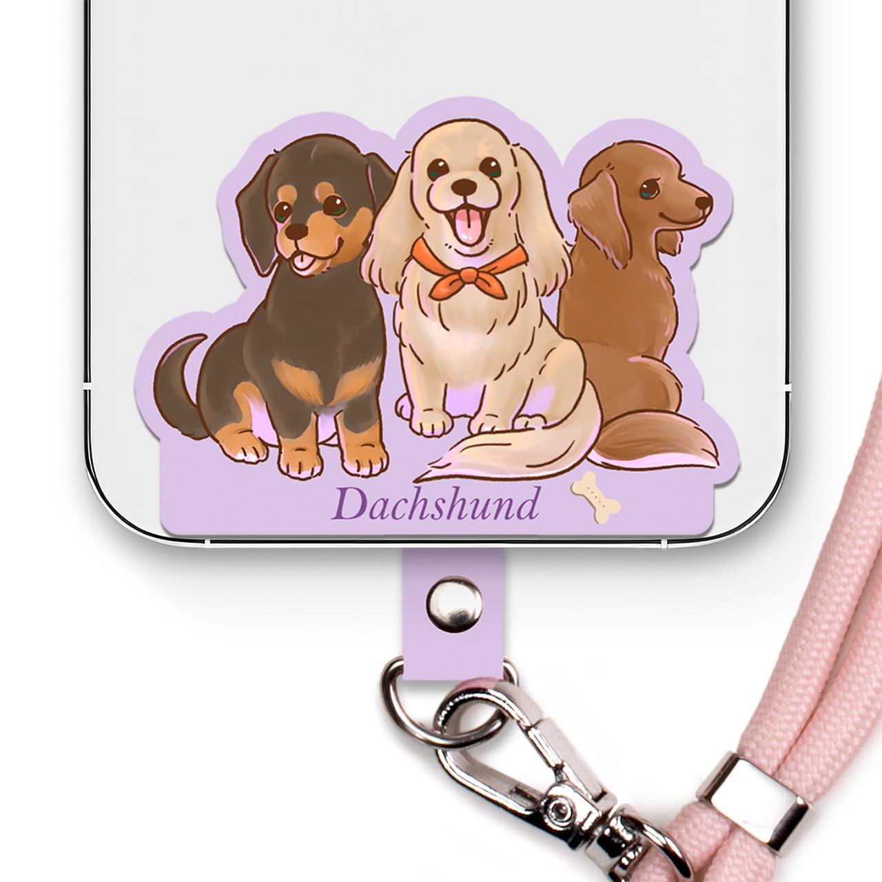 ダックスフンド 【笑顔が楽しく可愛いわんこイラスト】 スマホ ショルダーストラップ ストラップ ホルダー 各種ストラップ対応 ピーチピンク 丸紐 SE-300P