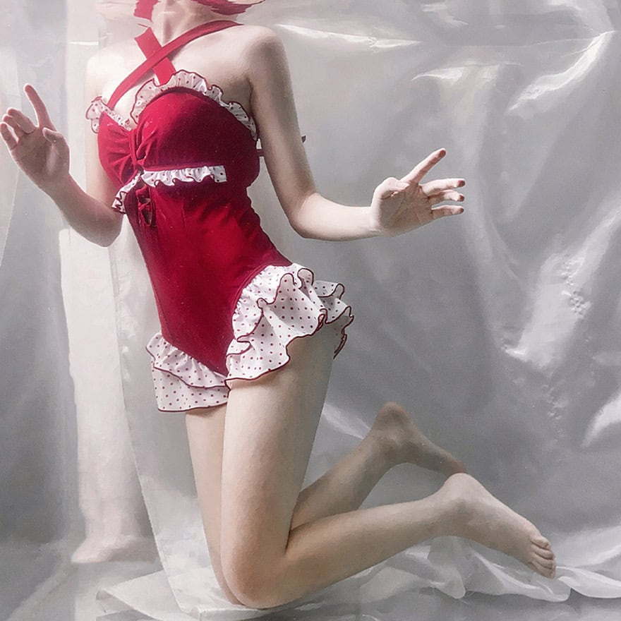 SEASONZ かわいい 水着 スイムウェア クロスストラップ フリル 水玉 ドット柄 かわいい水着 原宿スタイル