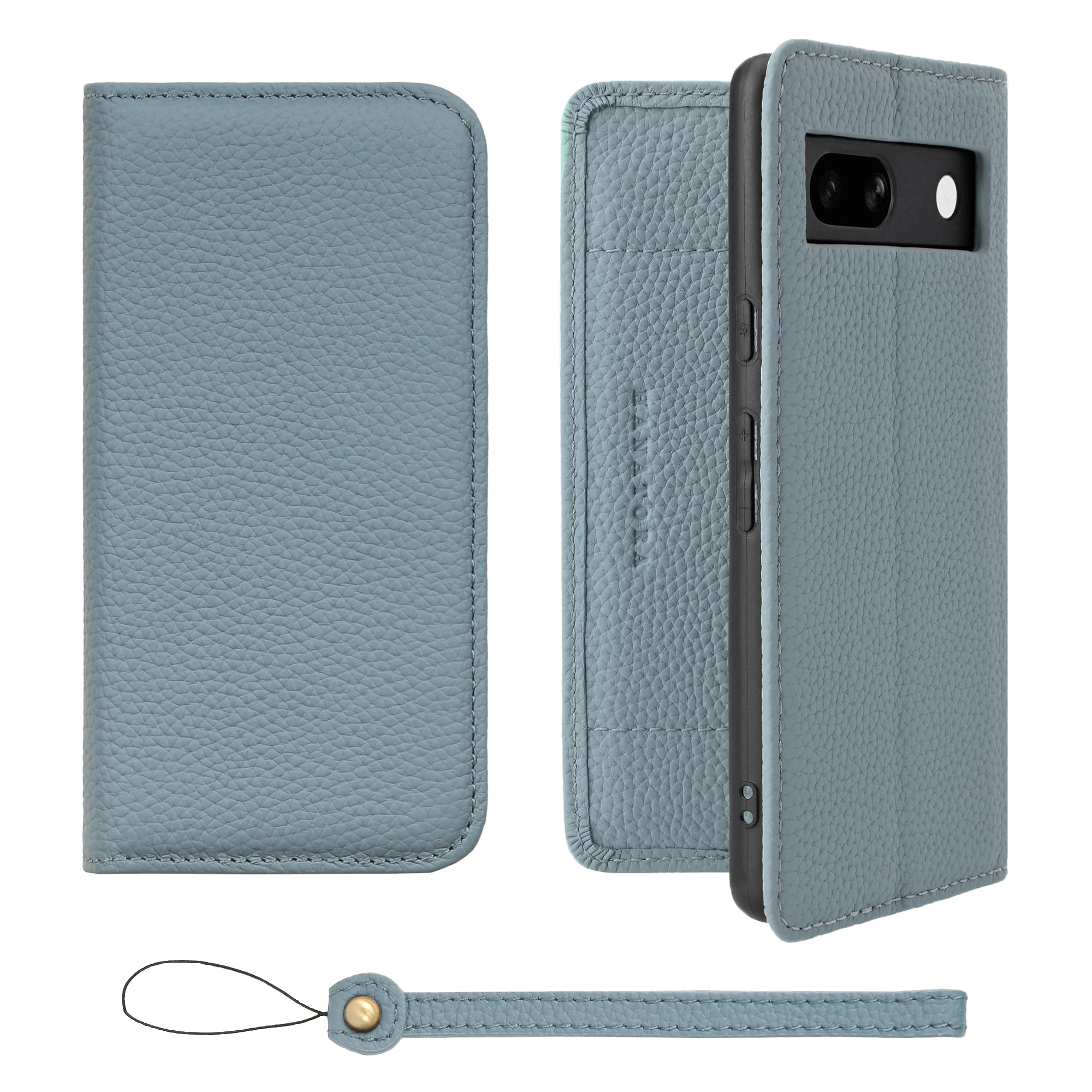HANATORA for Google Pixel 7a ケース 手帳型 本革 スマホケース スマホ スタンド ストラップ 付き シュリンクカーフレザー ベルトなし マグネットなし ブルーグレー H0XA-GP7a-BlueGray ギフト 誕生日 女性 男性 彼女 お母さん お父さん 人気商品 30代 40代 50代 60代 70代