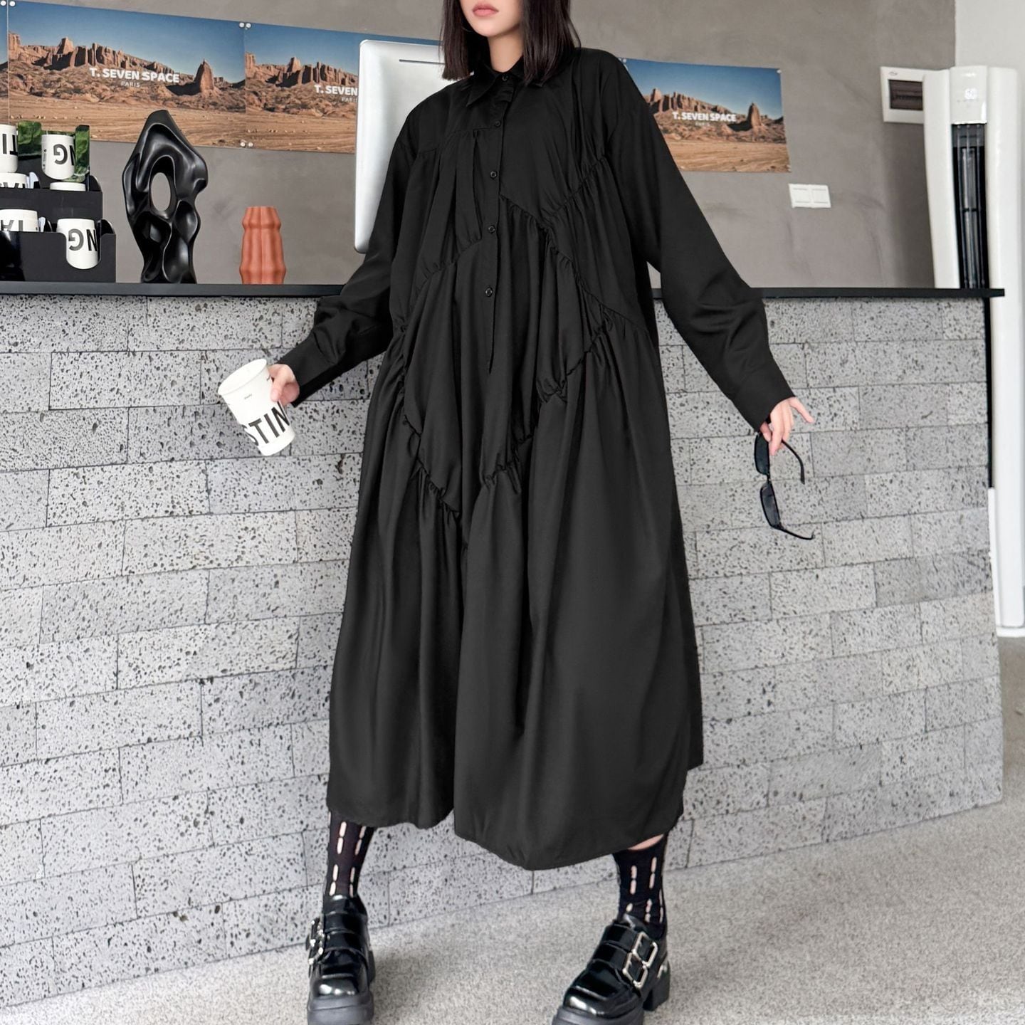 BLACK A-LINE MIDI DESIGN SHIRT DRESS 1color M-15129