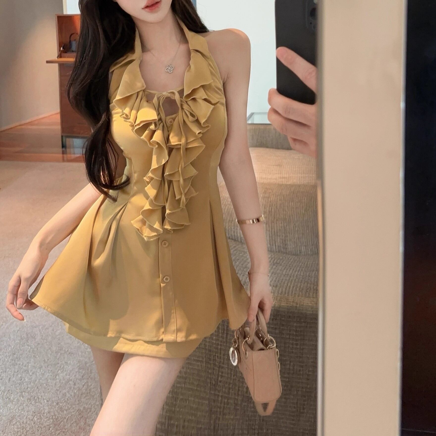 チェックノースリーブベルトデザインチュールミニキャバドレス(DE3477