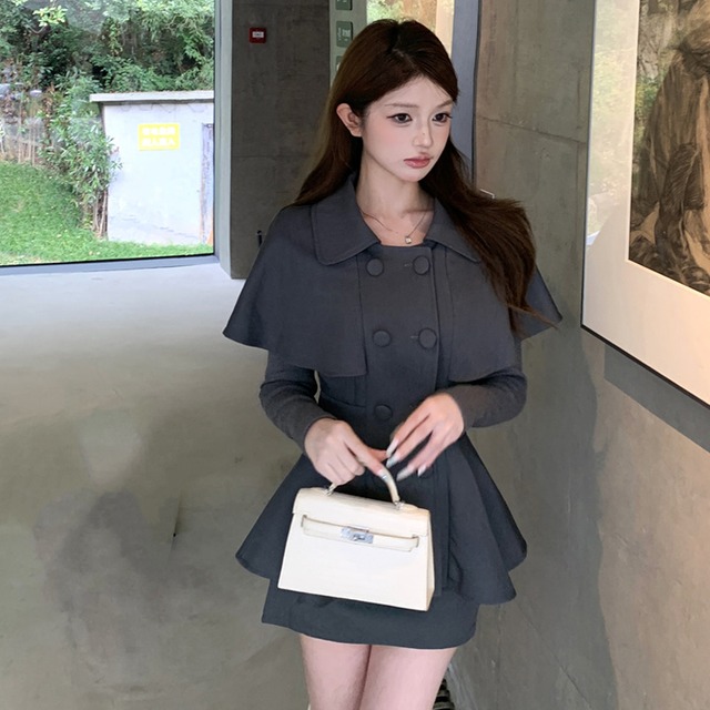 2点セットアップ ケープ風トップス+スカート お姫様風スタイル グレー S M L