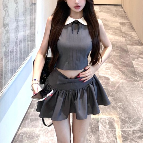 【2点セット】ラウンドカラークロップドトップス＋ウエストリボンギャザーミニスカ ・70372