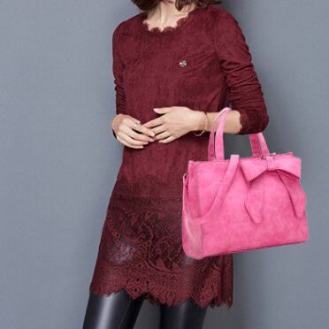 ショルダーベルト付き♪ リボンモチーフ レザー ハンドバッグ  2WAY ピンク