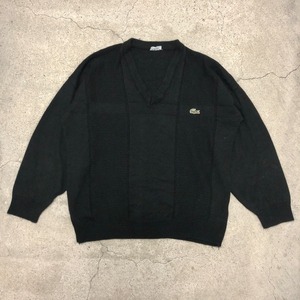 70〜80s LACOSTE/V neck Knit Sweater/France製/XXL/Vネックニット/セーター/ブラック/ロゴ刺繍/ラコステ