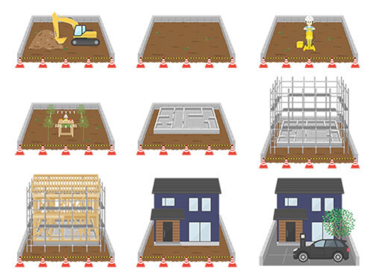 戸建住宅完成までの工程(新築工事の流れ)のイラスト | イラストセンター有料素材販売