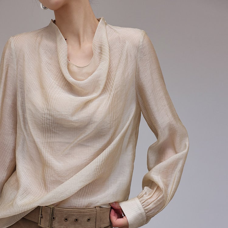 シースルー ドレープネック 長袖 ブラウス 1col H11224