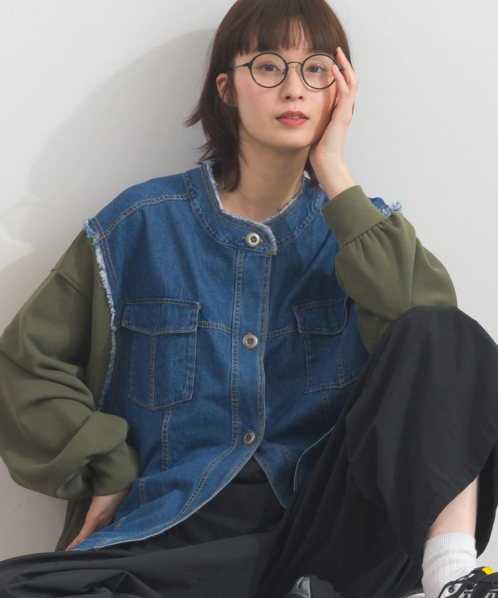 K54028 CT裏毛×8ozデニム異素材リメイク風デニム切替 ブルゾン / CT