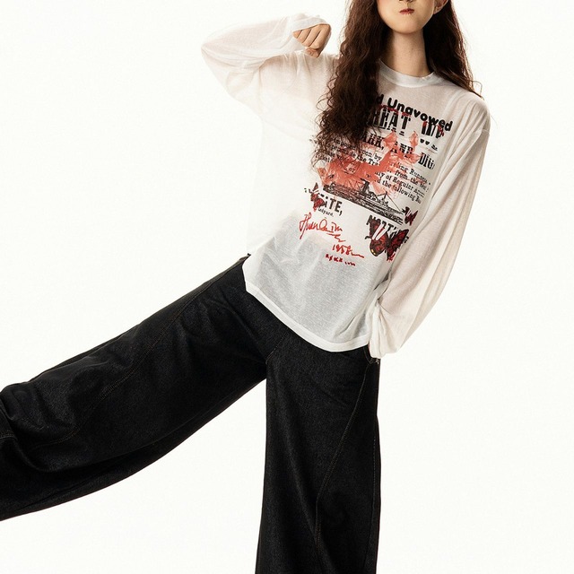 バタフライコラージュグラフィックロングスリーブTシャツ 1col R02568