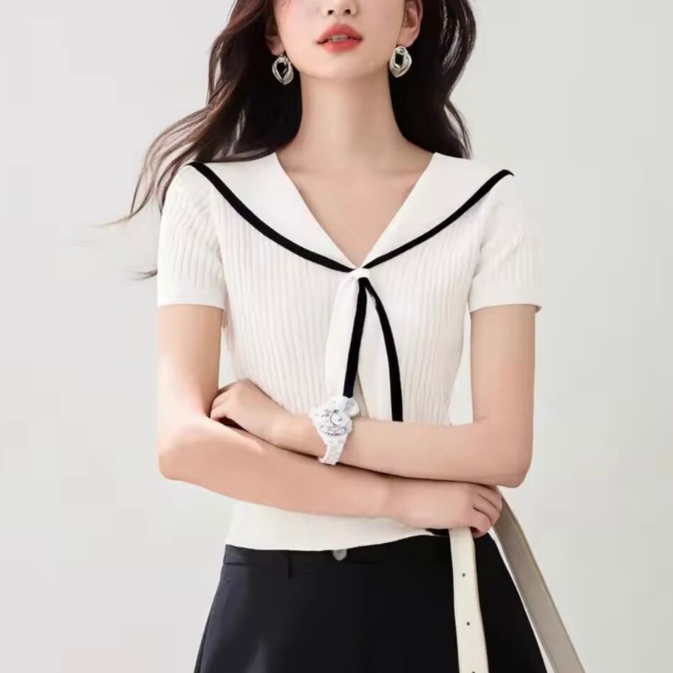 フレンチガーリー配色ニットTシャツ