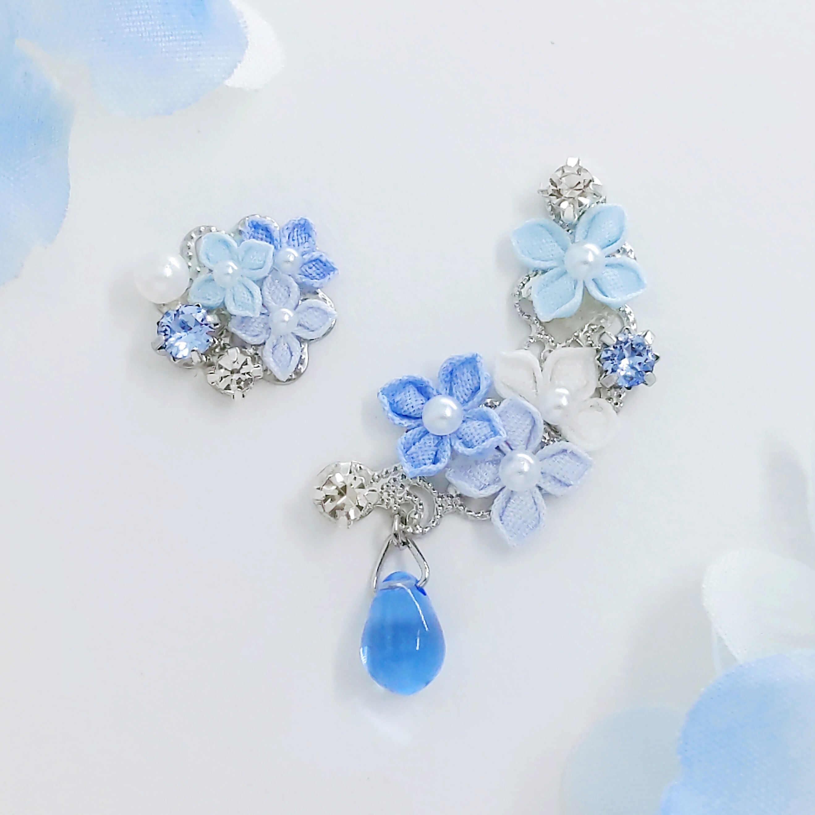 つまみ細工 あじさいと雨粒のかけらイヤーカフ】----フラワー/誕生日