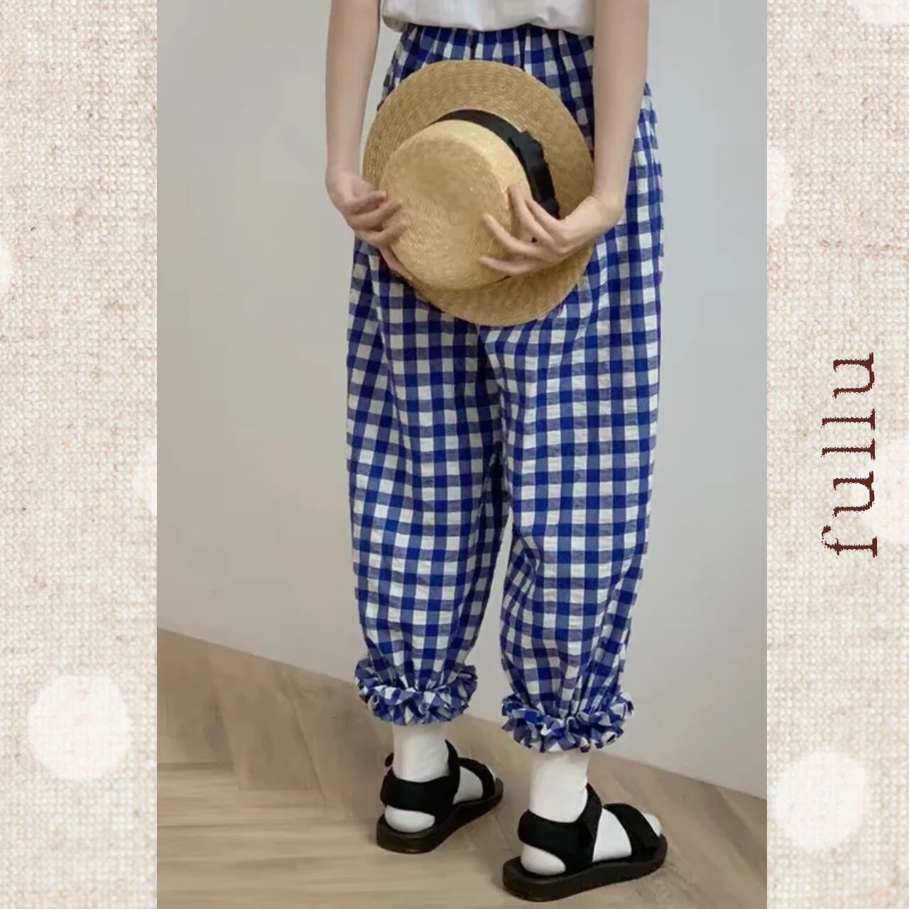 ブルーギンガムチェック 裾フリルテーパードパンツ fu0972