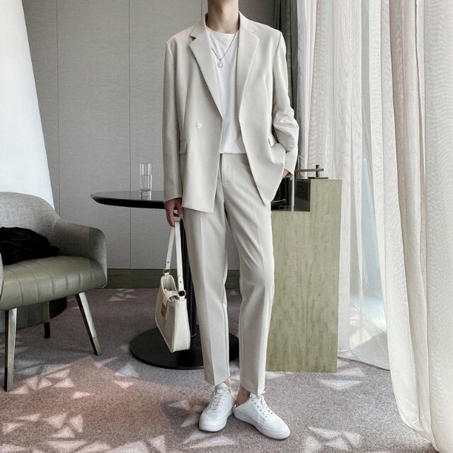 【予約販売】メンズ セットアップ スーツ 無地 シック スリム 男前 ハンサム カジュアル ブラック ベージュ グリーン ジャケット パンツ セット セットアップ ビジネス 通勤 フォーマル パーティ 二次会 同窓会 結婚式 韓国 トレンド 春 秋 夏大きいサイズ M/L/XL/2XL