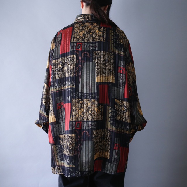 shadow stripe flower panel pattern over silhouette see-through shirt