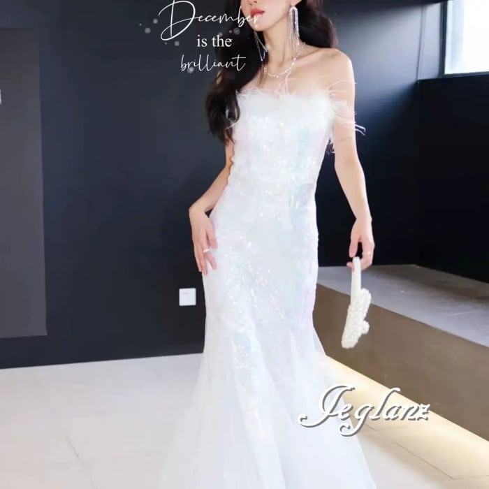 2色 パーティ イブニング フェザードレス ベアトップ ファンシー(MA964)η