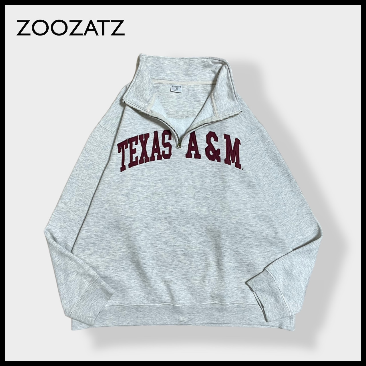 【ZOOZATZ】カレッジ テキサス TEXAS A&M大学 ハーフジップ スウェット アーチロゴ 刺繍ロゴ プルオーバー グレー XL ビッグシルエット US古着