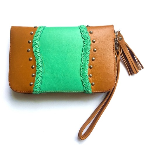 ボヘミアン 本革 レザー タッセル付 ウォレット(ブラウン×ターコイズグリーン) ミラー付 財布 長財布 パスポート入れ【バリ直輸入】