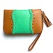 ボヘミアン 本革 レザー タッセル付 ウォレット(ブラウン×ターコイズグリーン) ミラー付 財布 長財布 パスポート入れ【バリ直輸入】