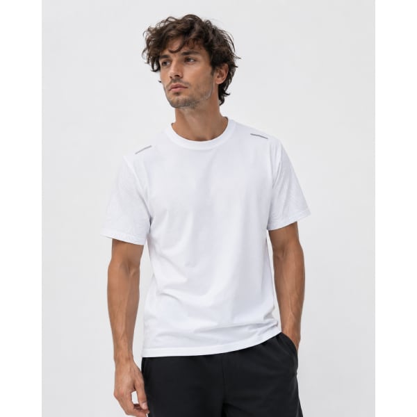 幾何学プリント 半袖Tシャツ ホワイト ストレッチ【フランスインポート