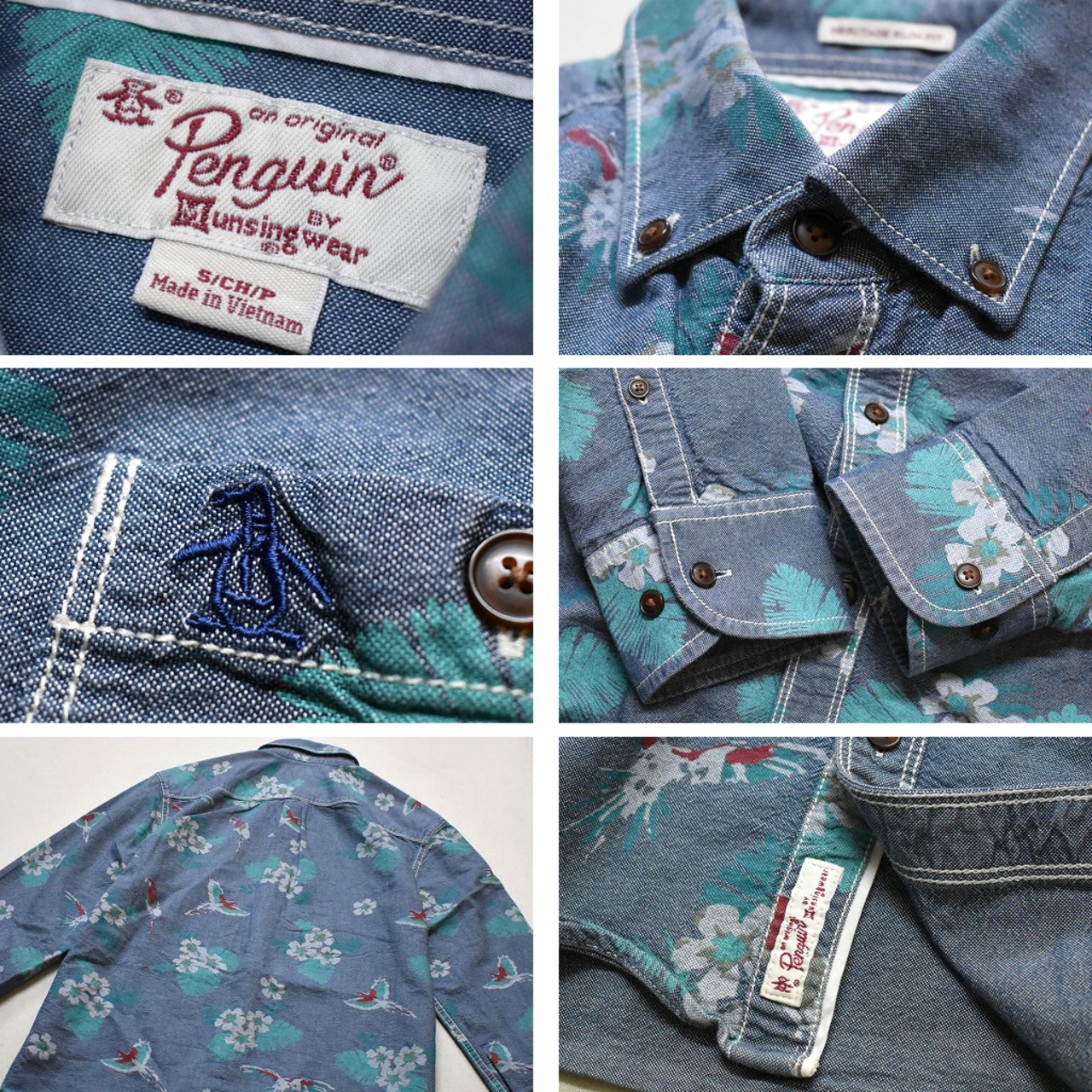 1点物◇ペンギンMunshing Wear長袖/和花総柄シャツUSA古着メンズSM 