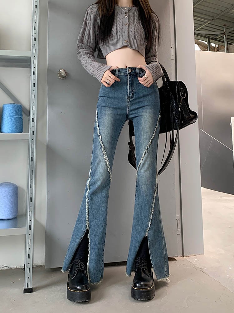 デニムワイドパンツ レディース ボトムス パンツ デニム ワイド スリット フリンジ ハイウエスト ブーツカット カジュアル ストリート系 ギャル 日常 デート お出かけ 10代 20代 春 夏 秋 冬 大人 コーデ コーディネート 韓国 ファッション オルチャン お取り寄せ 送料 ... かっこいい 韓国 シンプル フリンジ デニム パンツ デート