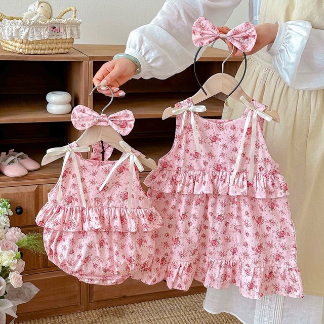 【姉妹服】チェリーフラワー小花柄フリルロンパースワンピース - 1