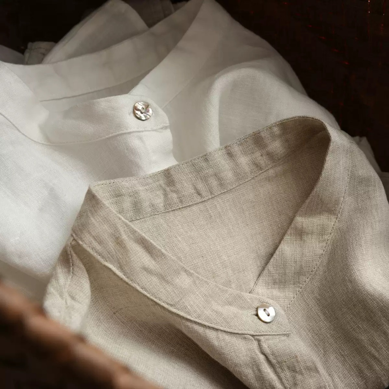 【定番の一枚】ピュアリネン ウォッシュ加工 長袖 バンドカラーシャツ 2color W01425