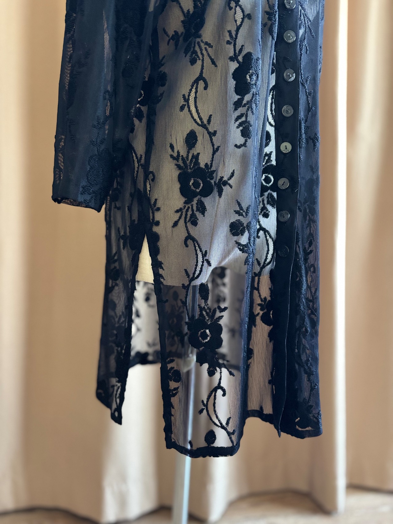 black floral lace sheer long shirt-5315-7