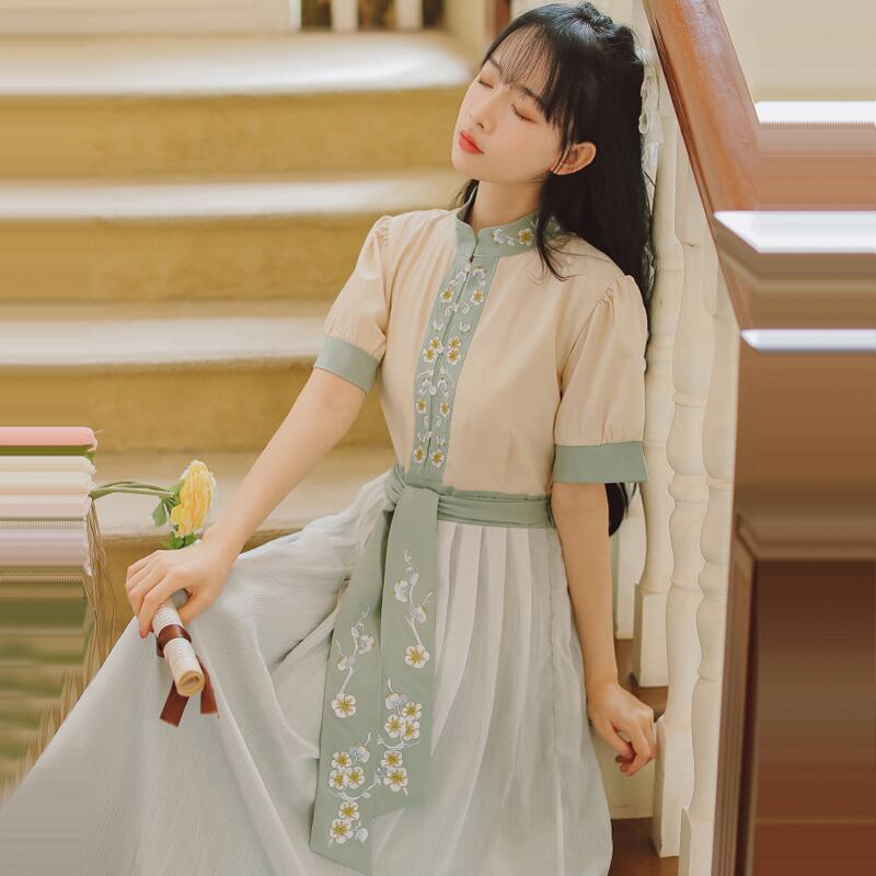 詩経礼シリーズ チャイナ風ワンピース 漢服ワンピース 刺繍 グリーン 緑 S M L Xl ロング丈 可愛い Elegant