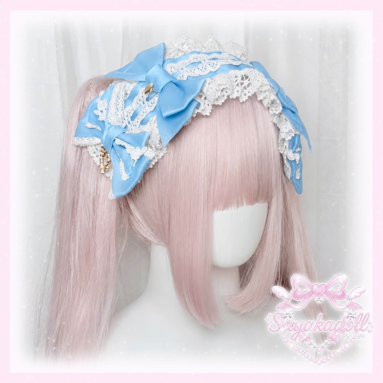 ♡【全9色】 クラシカルフリルレース ダブルリボンヘッドドレス light blue ♡