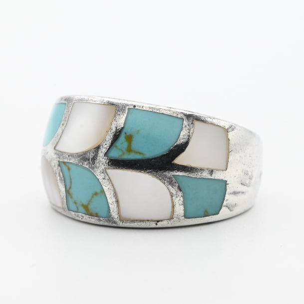 Turquoise / Mother Of Pearl Inlay Fish Scales Design Ring #16.0 / Denmark
