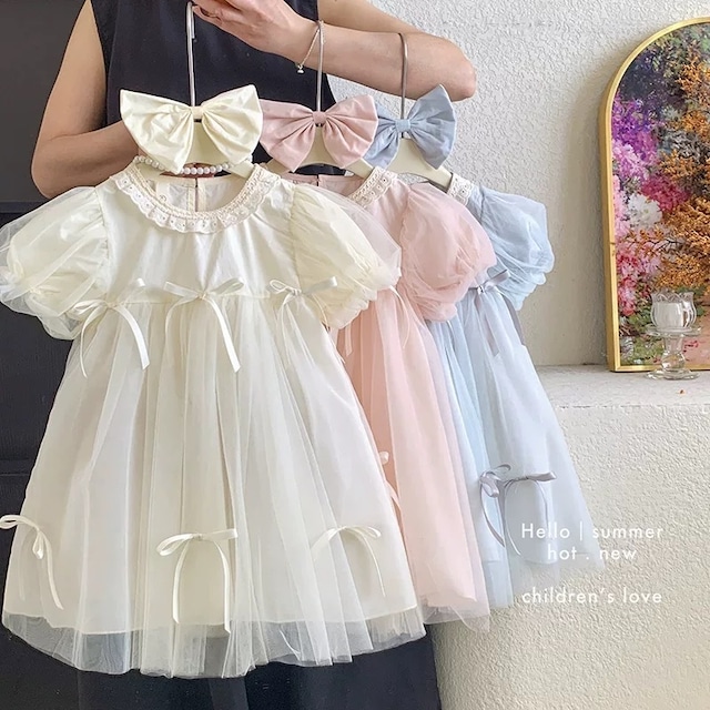,リボン付きチュールフレアワンピース