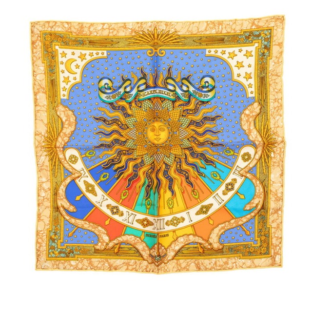 エルメス カレ45 CARPE DIEM 今日一日を楽しむ スカーフ イエロー系 ブルー シルク レディース HERMES 【中古】