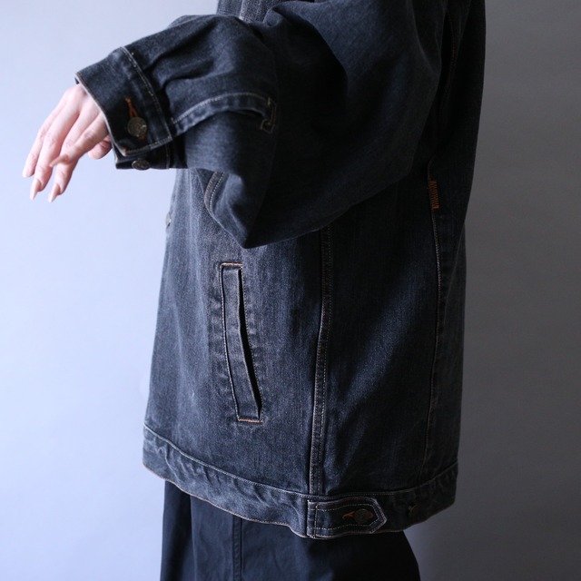 good fade over silhouette black denim jacket