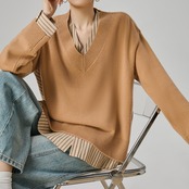 ベージュストライプパッチワークニット H0061