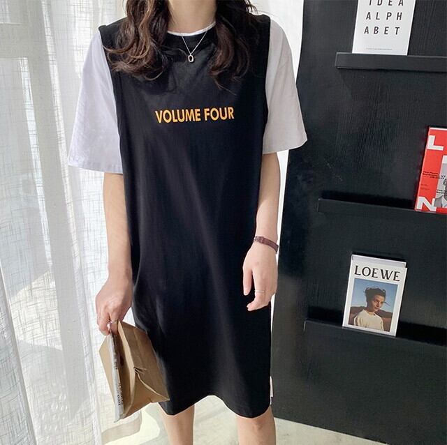 春夏新作 21 ワンピース 半袖 半袖ワンピース カットソー ワンピース レイヤード風 ワンピース 膝丈ワンピース ワンピース 膝丈 Aライン ワンピース 膝丈 ロゴワンピース ロゴプリント 英字ロゴ バイカラー ワンピース 配色 ワンピース ゆったり 体型カバー 3色 P7428