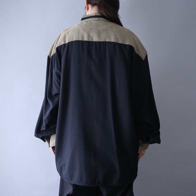 "刺繍" switching pattern fry-front band collar minimal mode shirt