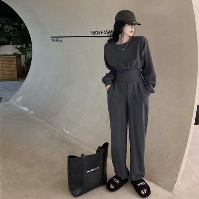 ウェストスリムショートグレーセーター レディースオータムラウンドネックカジュアルシャツ ロング 秋物 Oネック ガールズファッション7605207761