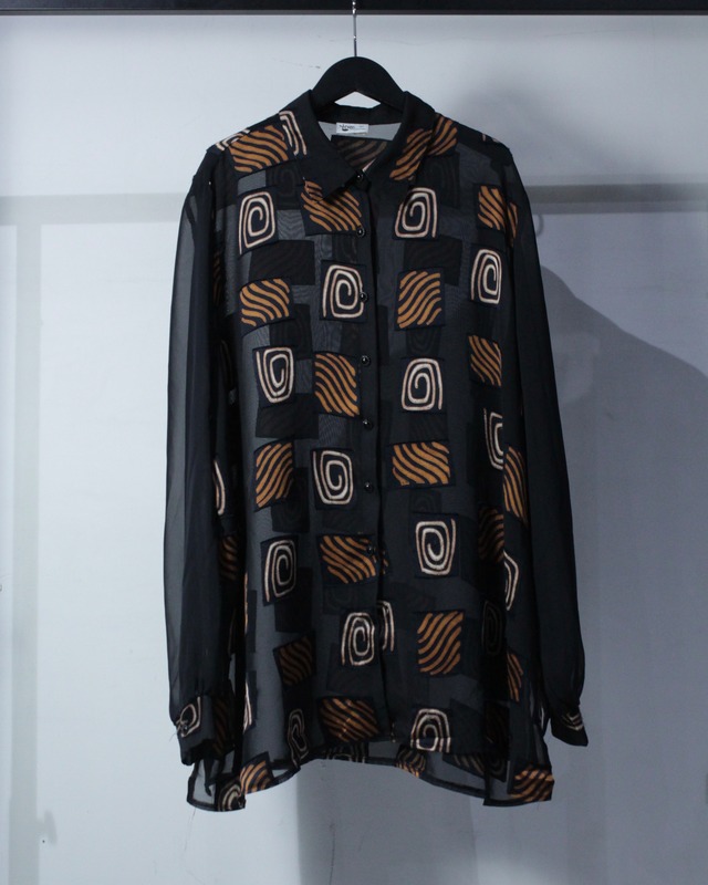 【Caka BLACK】80's〜90's Euro Vintage Swirl × Line Ethnic Square Satin Patchwork Design Loose L/S Sheer Shirt