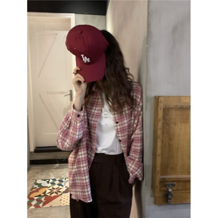 スタンダードスタイル格子柄シャツ レディースオータムウィンタージャケット トップス ロング レトロ 秋物 冬物 モンロー89191233951