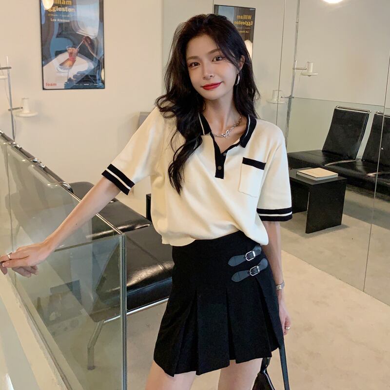 カラーニットショートTシャツ サマースタイルトップス 夏物 試着室98686796004