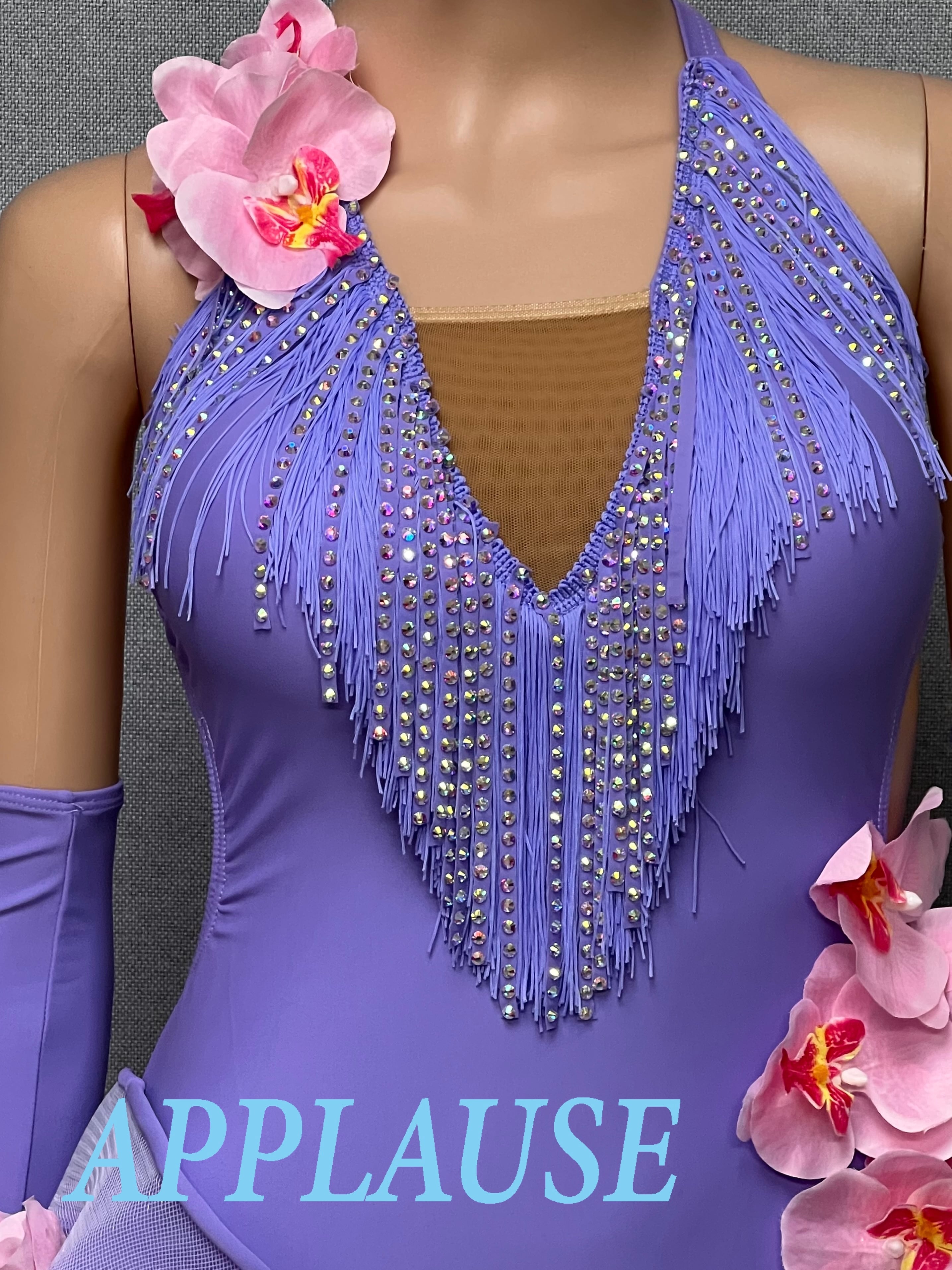 【新着】社交ダンス ドレス　ラテンドレス　ラベンダー（ピンクフラワー）　M   LA-26-2　  デモ・競技用ドレス　発表会衣装　パーティドレス　ワンピース　舞台衣装