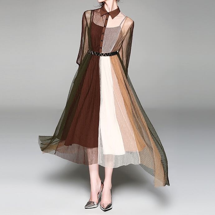 ワンピース レディース シャツワンピース 袖あり 長袖 レギュラーカラー フレア スリム Aライン メッシュ カラーブロック ストライプ ウエストマーク かわいい 大人可愛い きれいめ シンプル カジュアル 大人 上品 おしゃれ お洒落 レトロ 大人女子 送料無料 ラフ ラブリー キュート ガーリー 個性的 抜け感 ストライプ 春 夏 10代 20代 30代 40代 デート お出かけ 女子会 休日 着回し 普段使い 韓国 韓国系 ファッション コーデ スタイル 楽ちん モテ ブラウン S M L XL