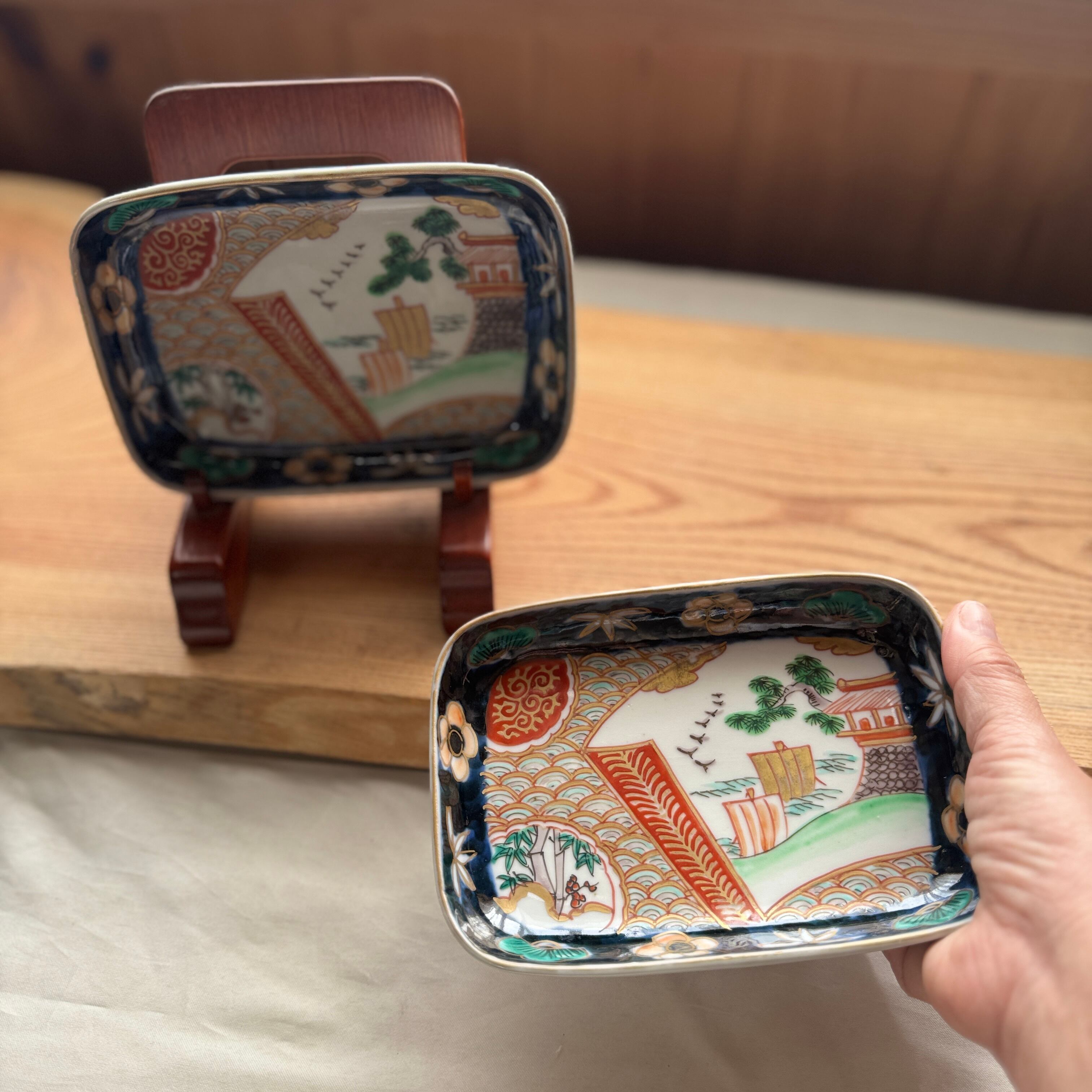 骨董皿 伊万里 錦手色絵 帆船 波 松竹梅文長皿 おまとめ 骨董皿