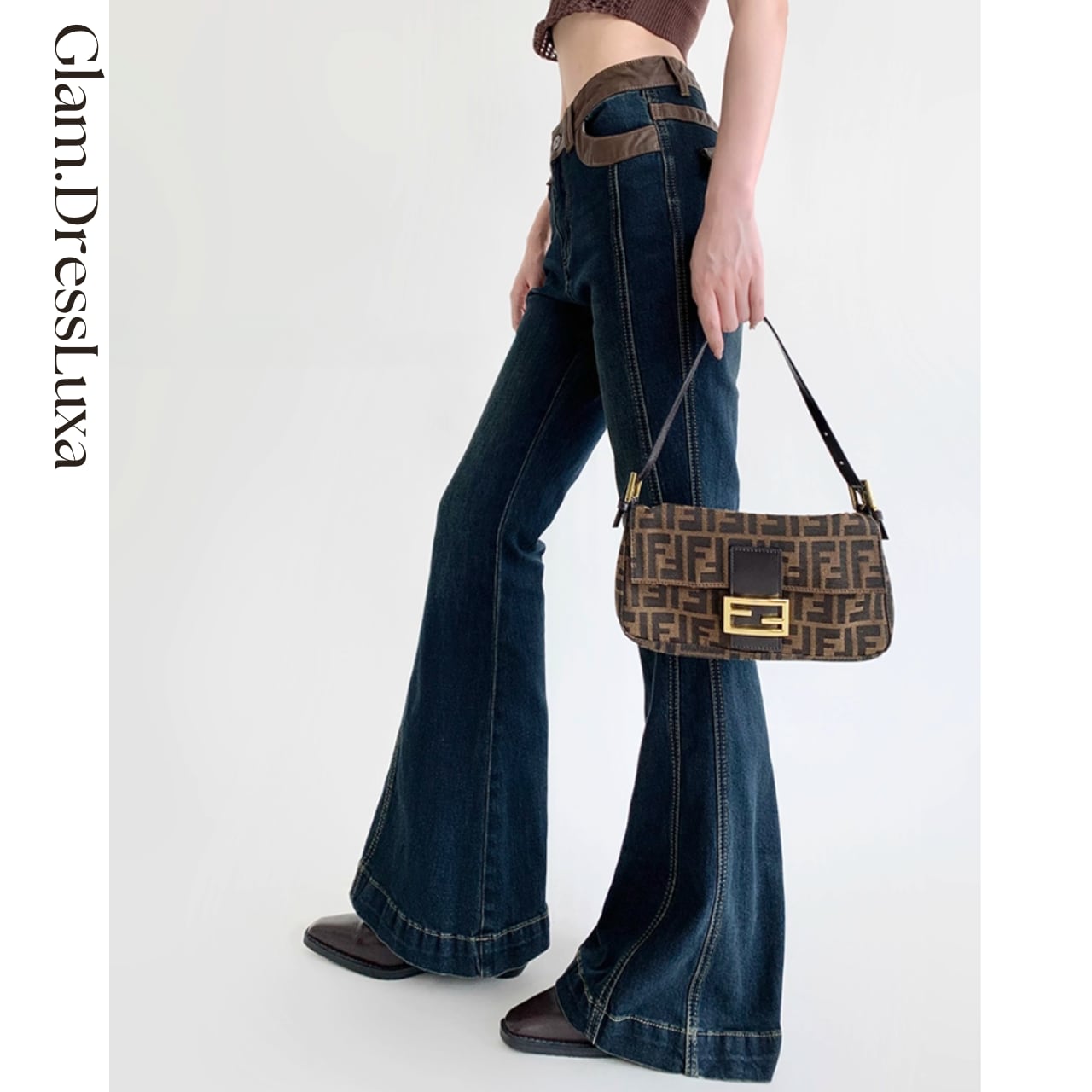 Contrast Leather Waist Flare Denim_P411
