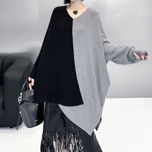 CONTRAST ASYMMETRIC DESIGN PULLOVER KNIT 3colors M-11074