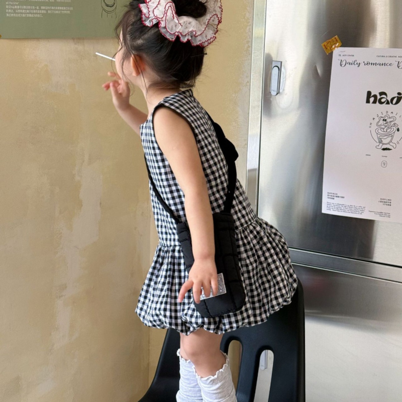 夏チェック柄バルーンワンピース