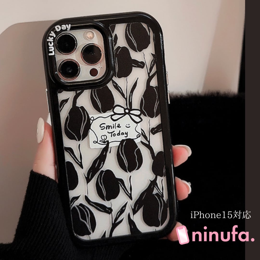 【再販】超人気のブラックチューリップケースに新作デザイン◎花柄 クリアケース 黒 透明おしゃれ 韓国っぽ スマホケース ND-15000