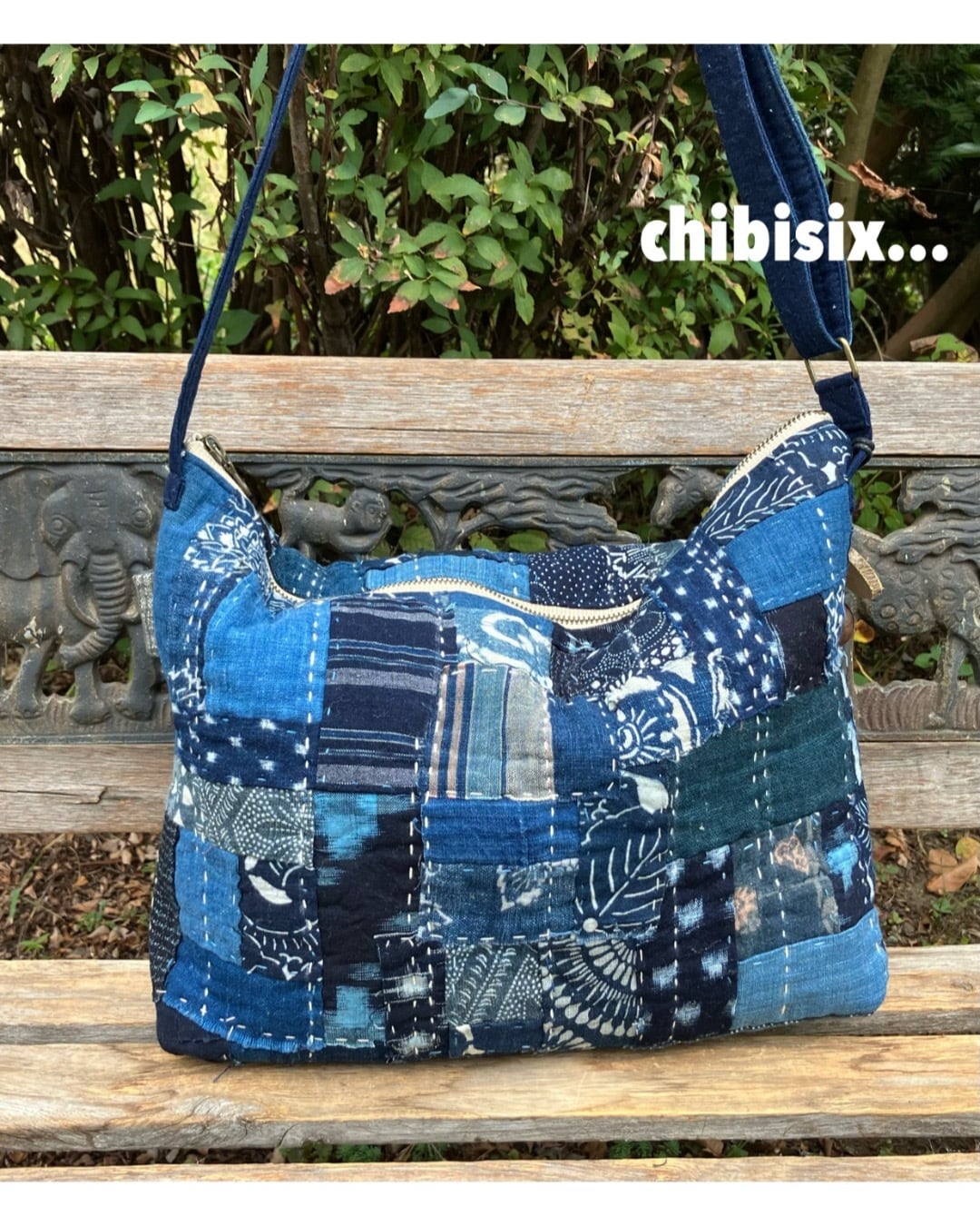chibisix○○ハンドメイド 古布 バッグ○○藍染め 型染め 刺し子